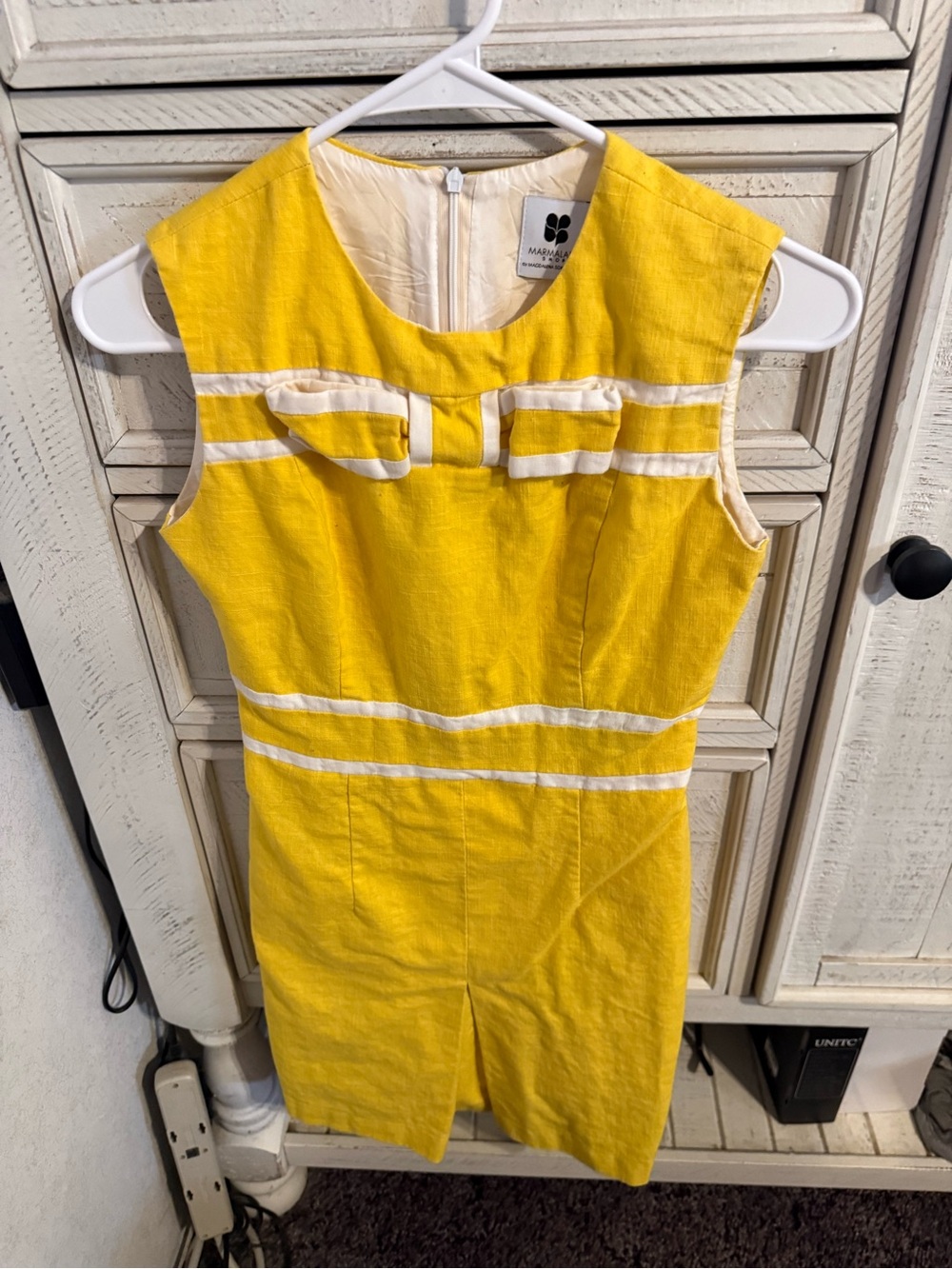 Sleeveless Yellow Striped Midi Dress with Front Bow